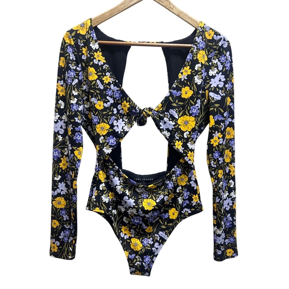 Tori Praver Paige Cut Out Rashguard M Swimwear Blk Yellow Floral Surfer Feminine - Picture 2 of 7
